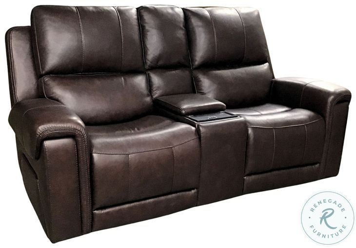 Burton Reno Walnut Leather Triple Power Reclining Console Loveseat with Bluetooth Speakers