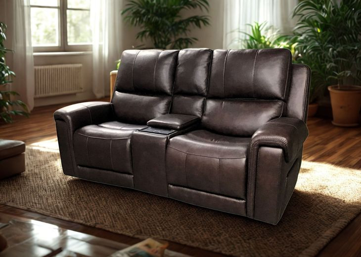 Burton Reno Walnut Leather Power Reclining Console Loveseat with Power Headrest and Lumbar