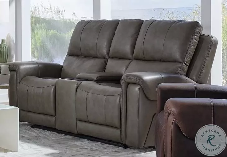 Burton Reno Charcoal Leather Triple Power Reclining Console Loveseat with BT Speakers