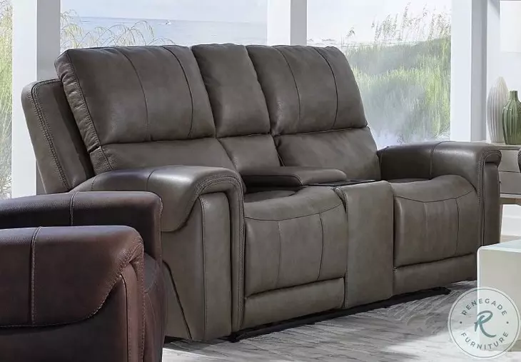 Burton Reno Charcoal Leather Triple Power Reclining Console Loveseat with BT Speakers