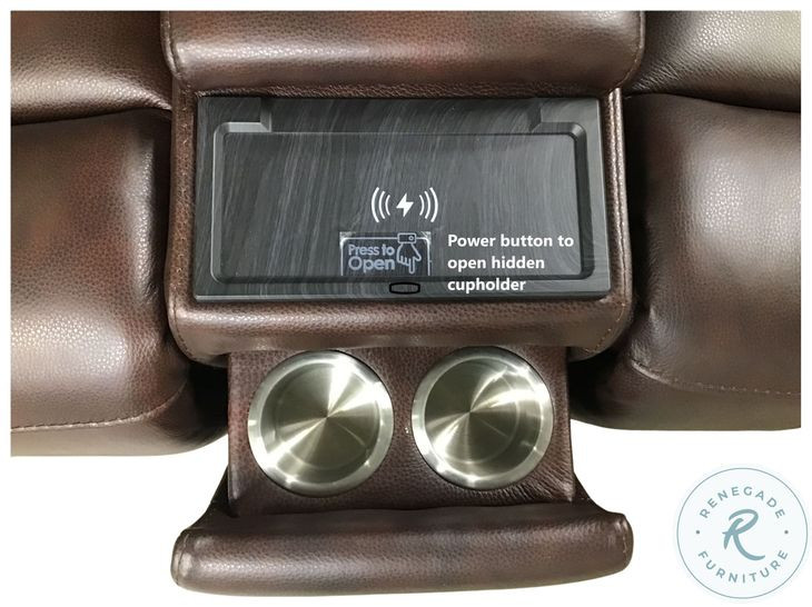 Burton Reno Walnut Leather Triple Power Reclining Console Loveseat with Bluetooth Speakers