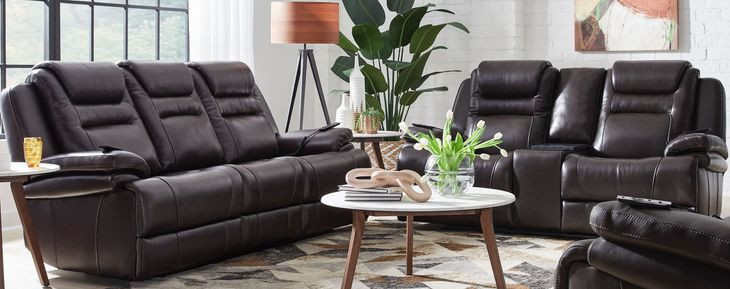 Keaton Chocolate Leather Triple Power Massage Reclining Living Room Set with USB Charging