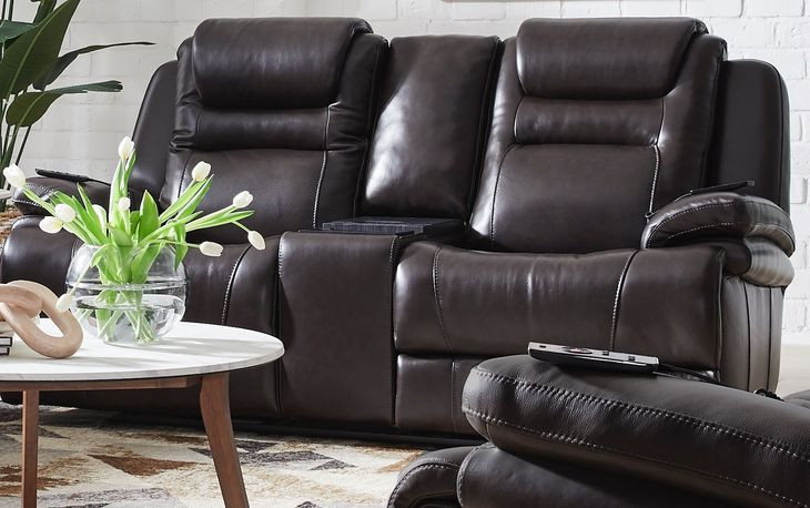 Keaton Chocolate Leather 81" Triple Power Massage Reclining Loveseat with USB Charging
