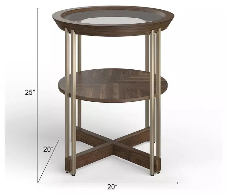 Kingsmere Walnut and Tarnished Silver Round Glass Top End Table