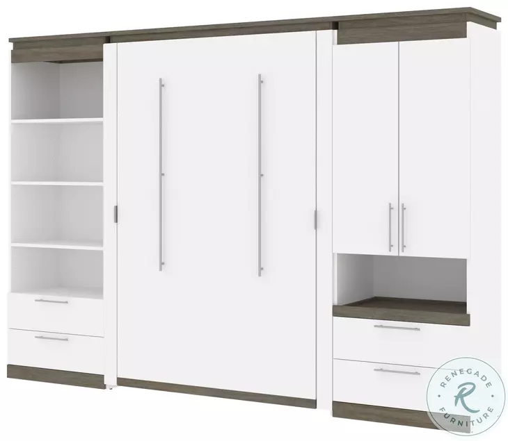 Orion White And Walnut Grey 118" Full Murphy Bed And Multifunctional Storage With Drawers