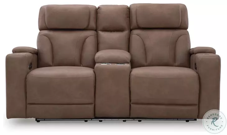 Point Clear Caramel Power Reclining Console Loveseat with Adjustable Headrest