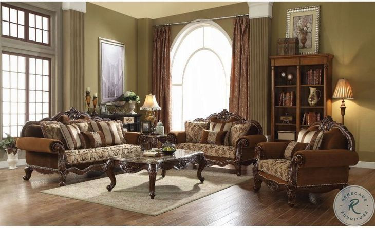 Jardena Fabric and Cherry Oak 69" Loveseat with 4 Pillows