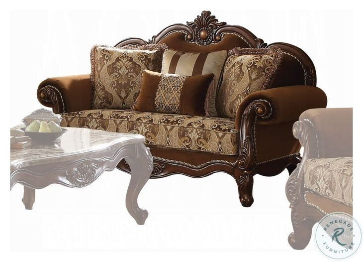 Jardena Fabric and Cherry Oak 69" Loveseat with 4 Pillows