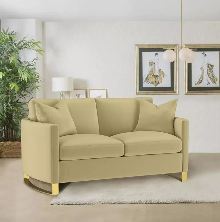 Corliss Camel Velvet Curved Track Arm 69" Loveseat