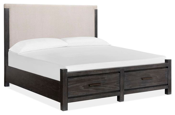 Plum Creek Ravenwood Black and Elite Dove California King Upholstered Storage Panel Bed