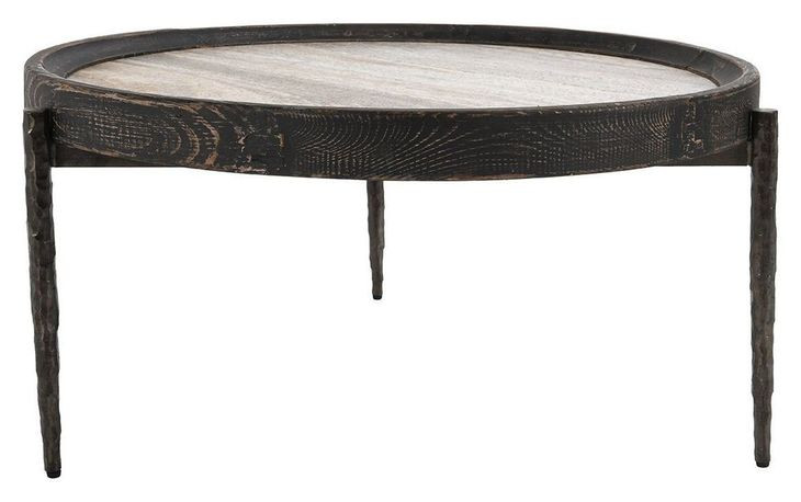 Dakota Weathered Black and Beige Round Travertine Top Coffee Table