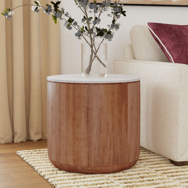 Josie Hickory Brown and White Round Marble Top End Table