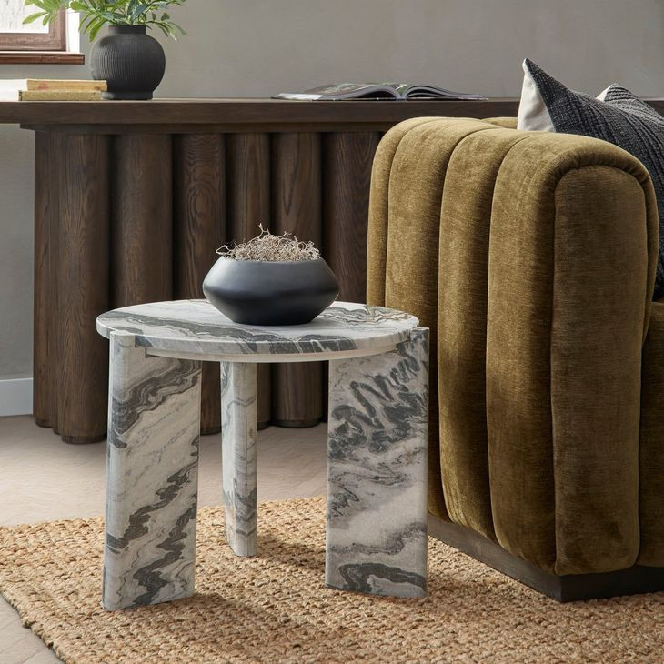 Zora White and Charcoal Gray Round Marble Top End Table