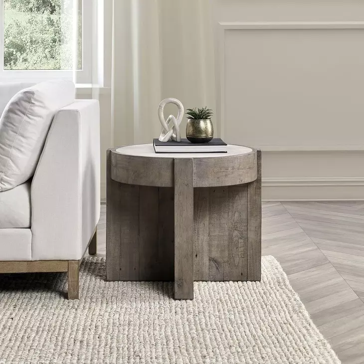 Sonoma Antique White and Distressed Gray Round Concrete Top End Table