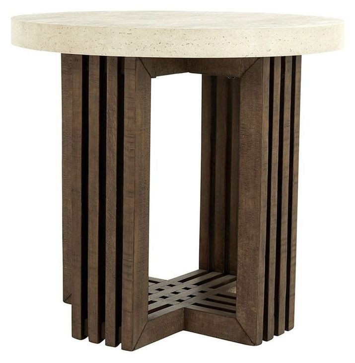 Aspen Antique White and Distressed Brown Round Concrete Top End Table