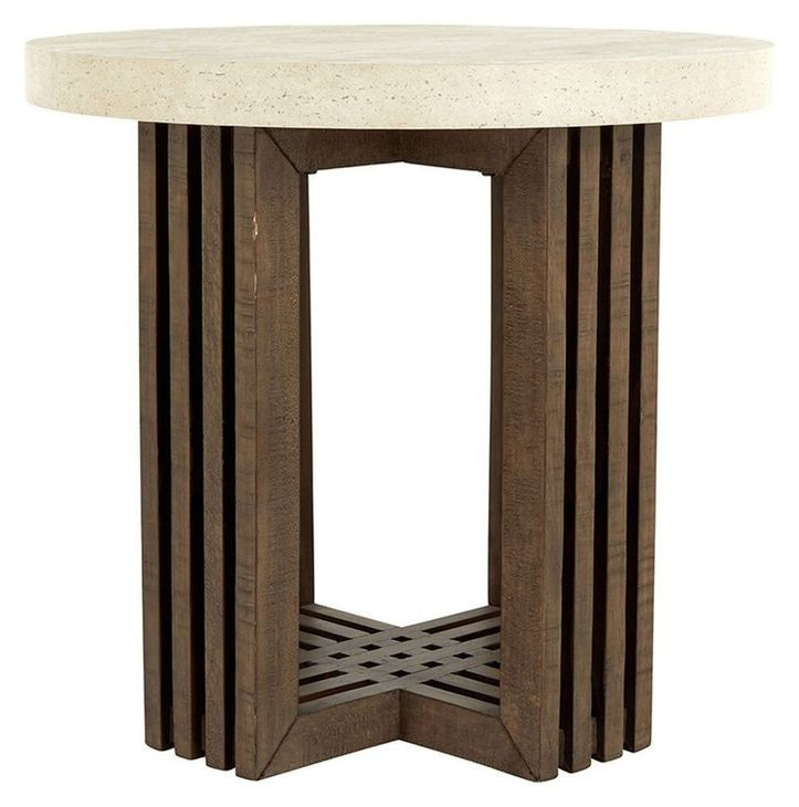 Aspen Antique White and Distressed Brown Round Concrete Top End Table