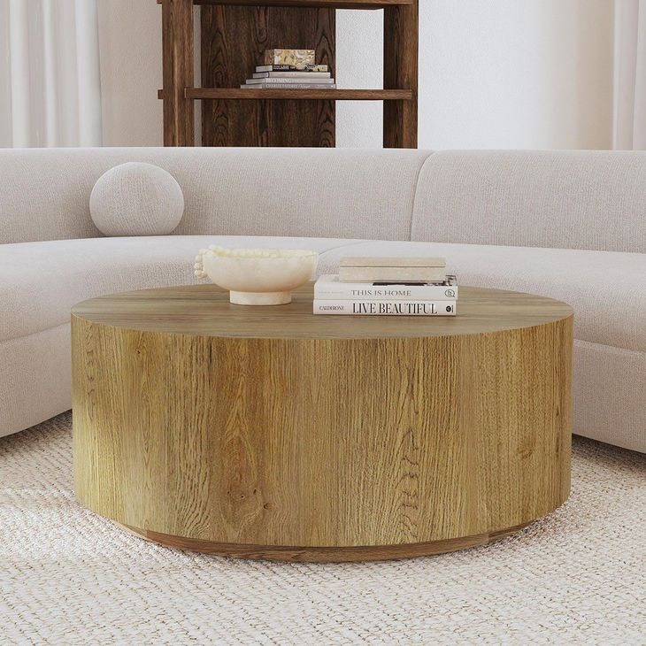 Layne Light Brown Round Coffee Table with Casters
