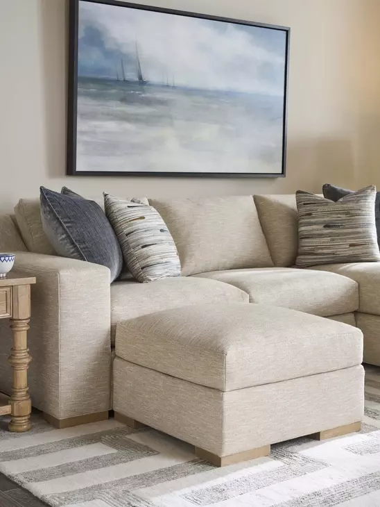 Shaws Cove Beige Upholstered Square Bumper Ottoman by Barclay Butera