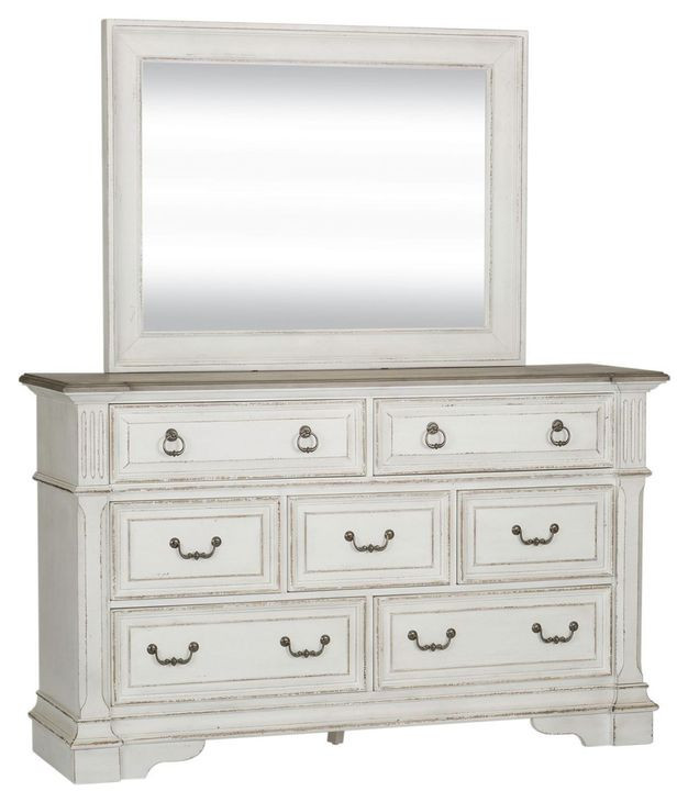 Abbey Park Antique White and Weathered Brown 7 Drawer Dresser with Mirror