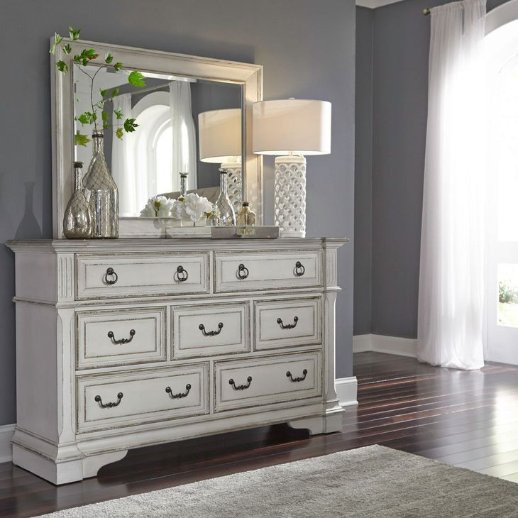 Abbey Park Antique White and Weathered Brown 7 Drawer Dresser with Mirror