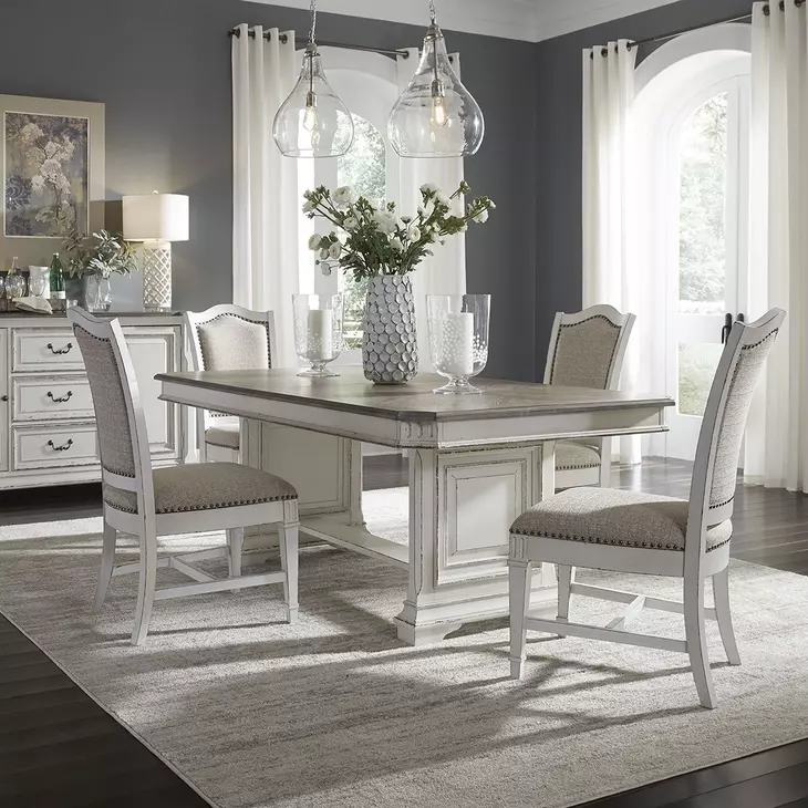 Abbey Park Antique White and Weathered Brown Upholstered 5 Piece Extendable Dining Set with Nailhead Trim