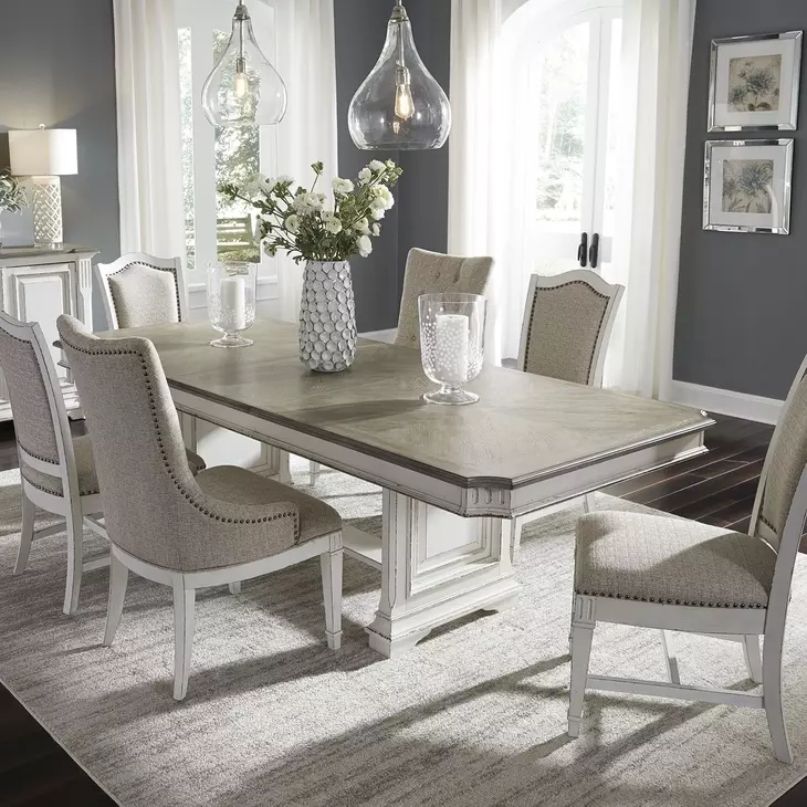 Abbey Park Antique White and Weathered Brown Upholstered 7 Piece Extendable Dining Set with Nailhead Trim