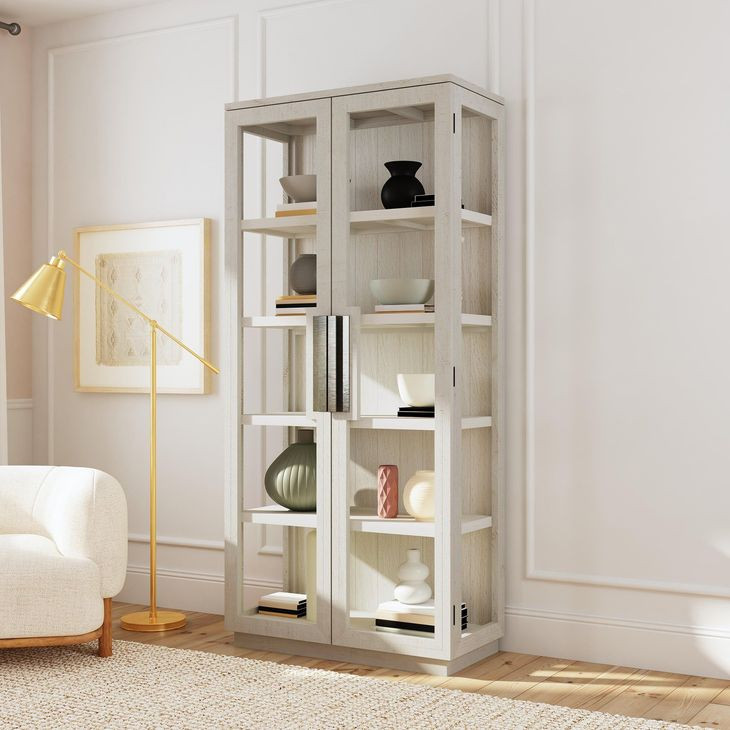 Larson Distressed Ivory 2 Glass Door Display Cabinet