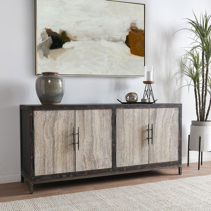 Lisbon Weathered Black and Travertine 4 Door Buffet
