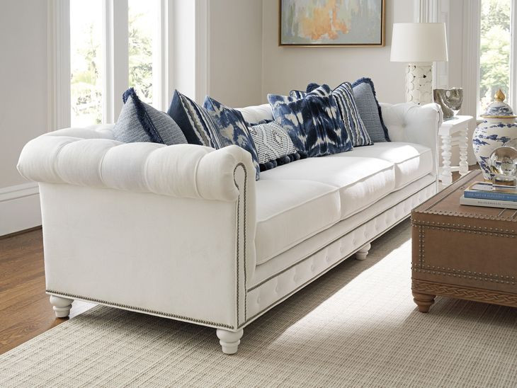 Carmen White Upholstered 102" Sofa with Nailhead Trim