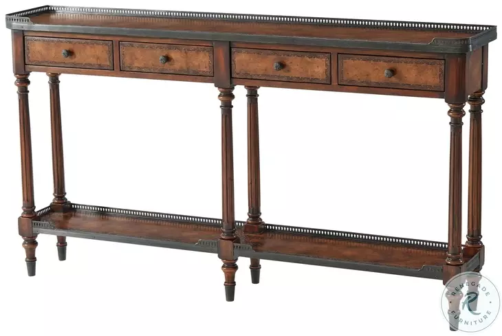 The Louis XVI Buffalo Brown Distressed And Blind Tooling Walnut Leather 58" Rectangular Console Table