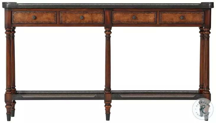 The Louis XVI Buffalo Brown Distressed And Blind Tooling Walnut Leather 58" Rectangular Console Table