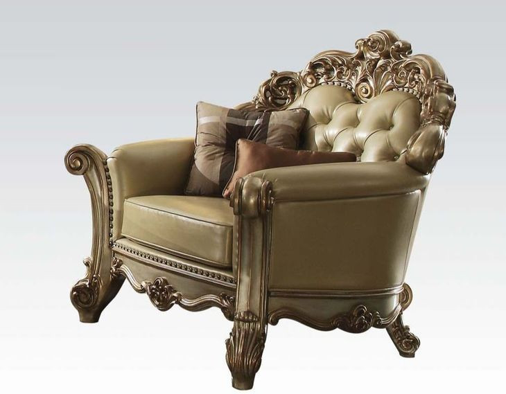 Vendome Gold Upholstered Accent Chair with 2 Pillows and Nailhead Trim