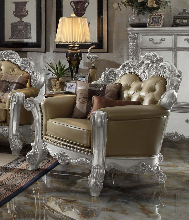 Vendome Gold and Silver Patina Upholstered Accent Chair with Pillows and Nailhead Trim