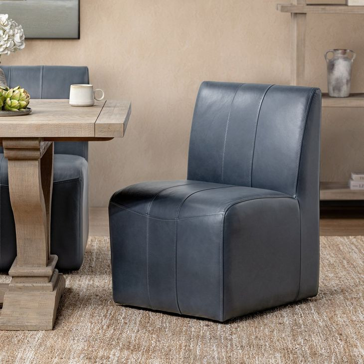 Brighton Mystic Blue Leather Upholstered Dining Chair with Casters