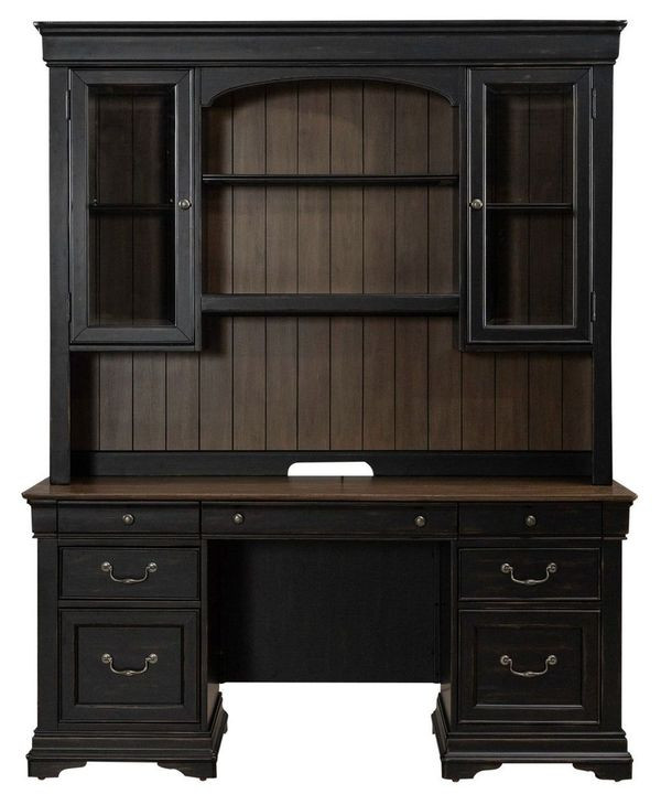 Meritage Aged Charcoal and Caramel 66" Credenza with LED in Hutch