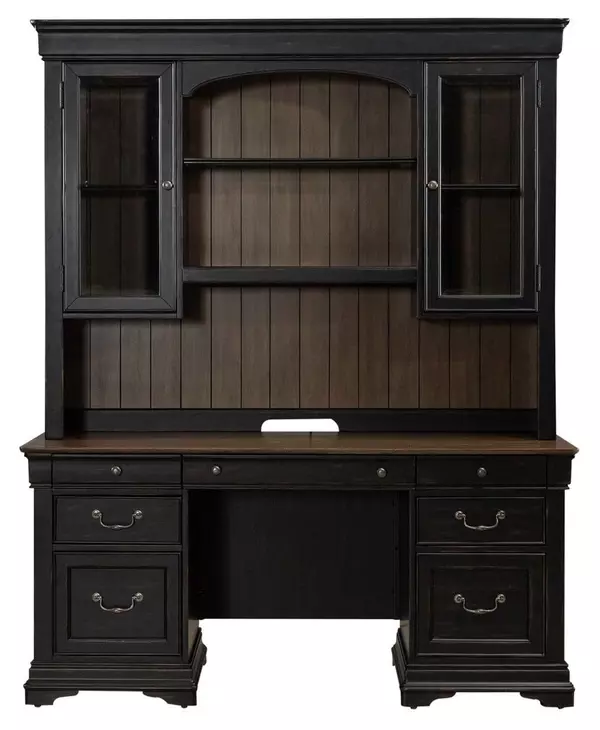 Vintner Hill Aged Charcoal and Caramel 66" Credenza with LED in Hutch