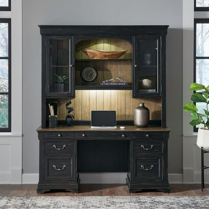 Meritage Aged Charcoal and Caramel 66" Credenza with LED in Hutch