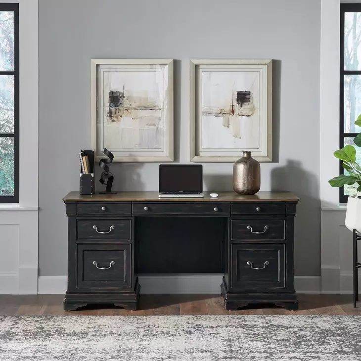 Vintner Hill Aged Charcoal and Caramel 66" Executive Credenza