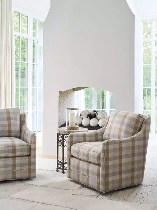 Glenhaven Beige and Brown Upholstered  Swivel Accent Chair by Barclay Butera