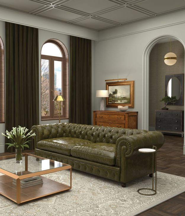 Savile Britian Green Leather 103" Sofa