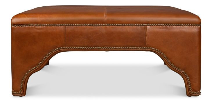Streetman Havana Brown Leather Upholstered Square Cocktail Ottoman with Nailhead Trim