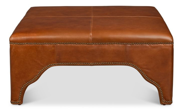 Streetman Havana Brown Leather Upholstered Square Cocktail Ottoman with Nailhead Trim