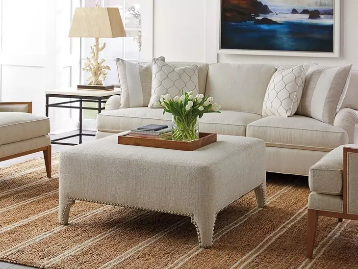 Sheffield Beige 43" Upholstered Cocktail Ottoman with Nailhead Trim