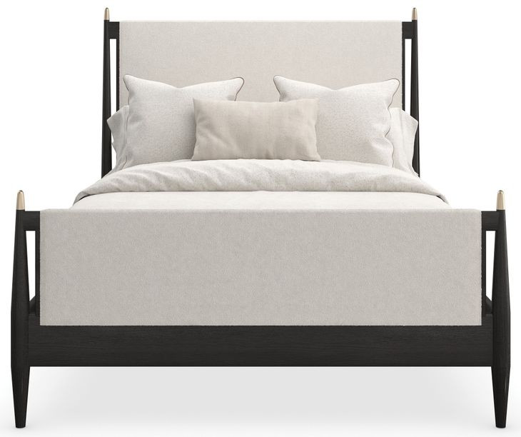 Rhythm Ivory and Black Stained Ash Performance Fabric Queen Upholstered Panel Bed