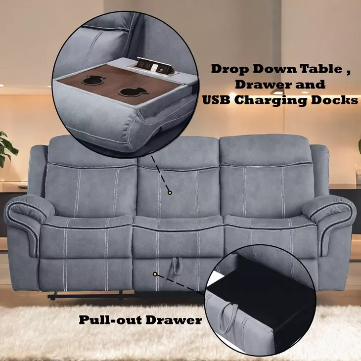 Zubaida Gray Glider Reclining 87" Sofa with Console and USB Charging