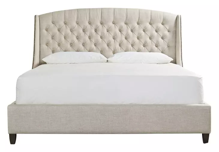 Curated Beige and Graphite Queen Upholstered Panel Halston Bed with Nailhead Trim