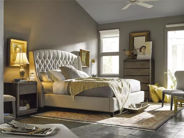 Curated Beige and Graphite Queen Upholstered Panel Halston Bed with Nailhead Trim