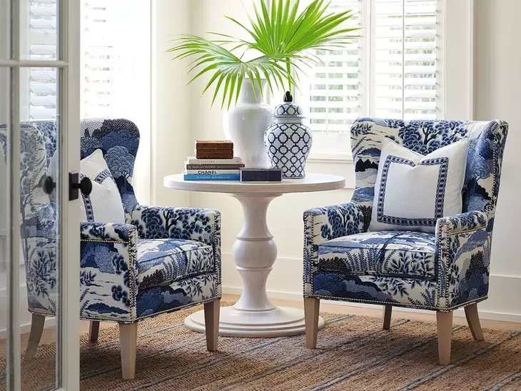 Avery Blue Upholstered Wing Chair with Nailhead Trim