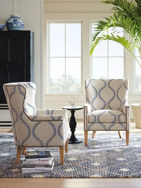 Avery Beige Upholstered Wing Chair with Nailhead Trim