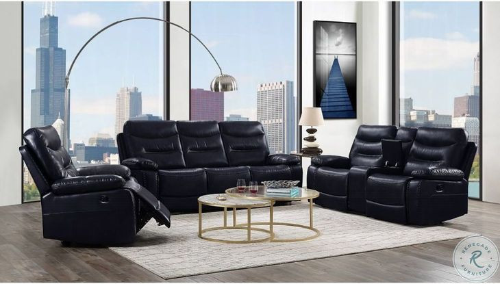 Aashi Navy Leather 78" Reclining Loveseat with Console